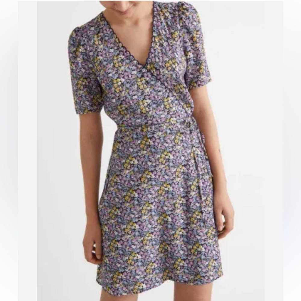 & Other Stories Wrap Mini Dress Lucia Print Floral Purple Black Size 32/XS
